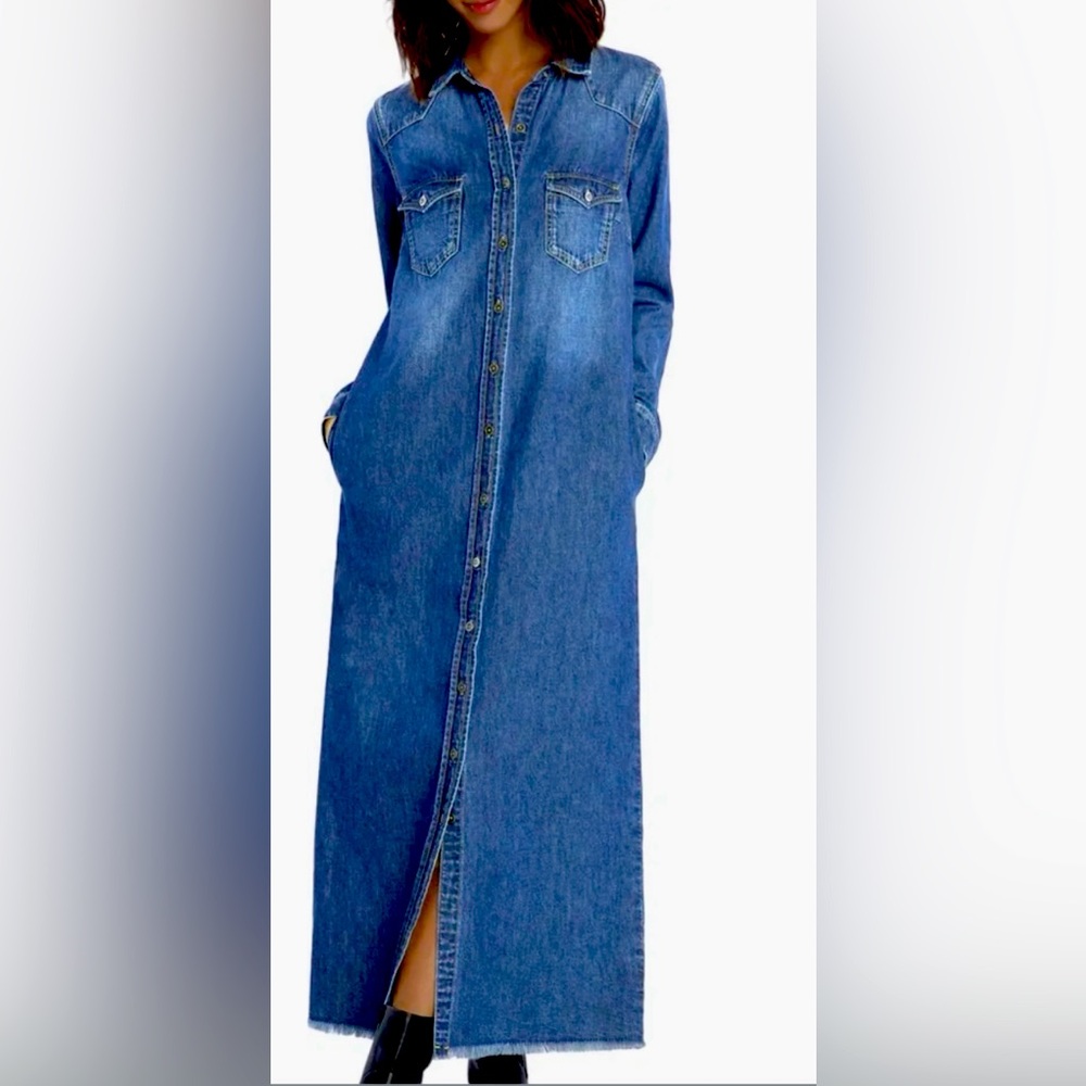Wash Lab Blue Denim Maxi Dress with Bishop Sleeves and Notched Collar